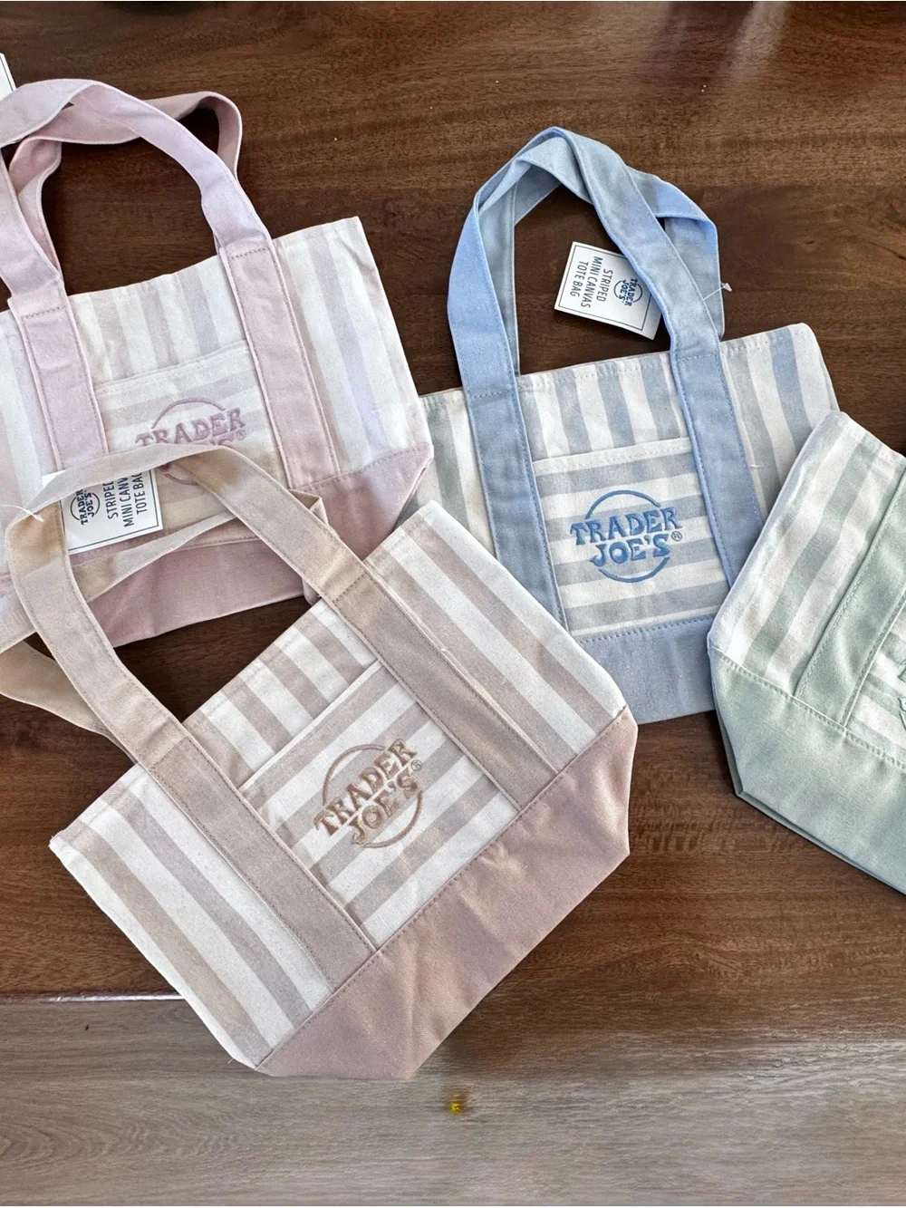 Set of 4 Pastel Stripe Canvas Tote Bags — Pink, Blue, Tan & Green